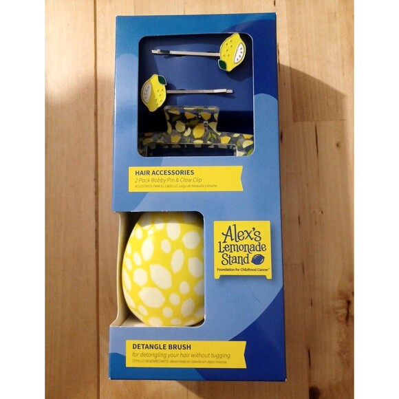 Alex's Lemonade Stand Detangle Brush Hair Clips Set 3pc yellow Lemon fruit New - Picture 1 of 7